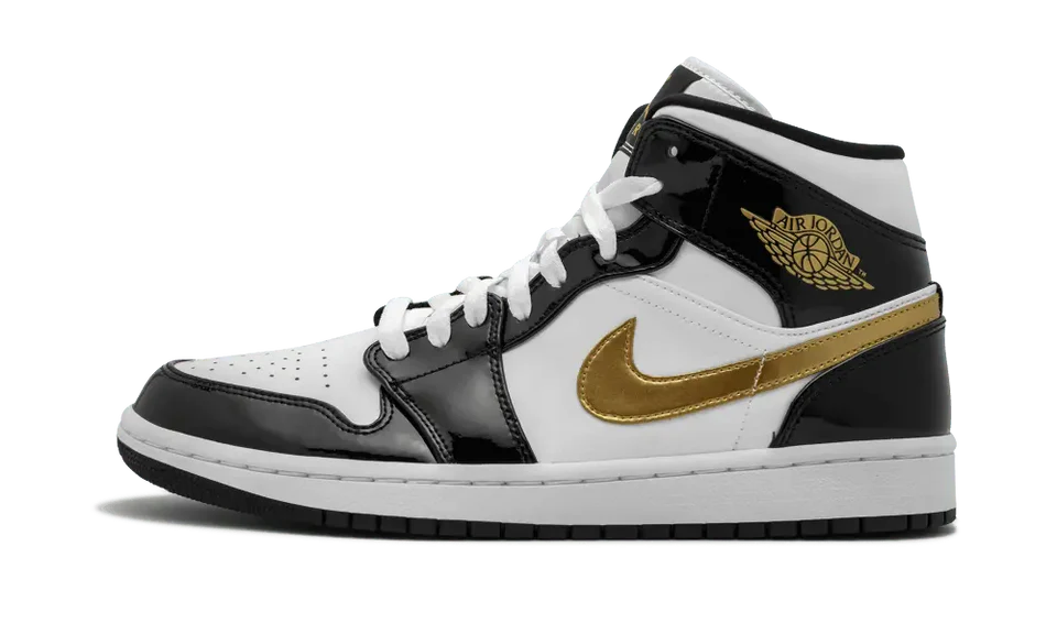 Air Jordan 1 Mid Patent Black White Gold