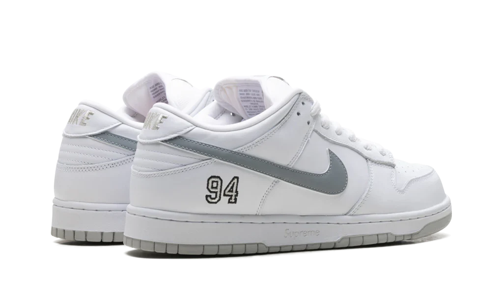 Nike SB Dunk Low Supreme 94 White Metallic Silver - Image 3